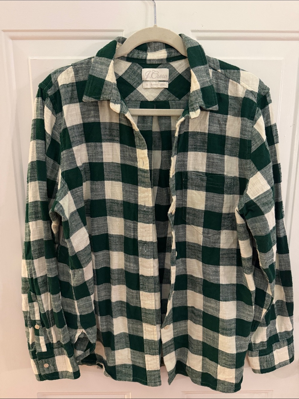 J. Crew Green and White Buffalo Check Cotton Button-Down Shirt